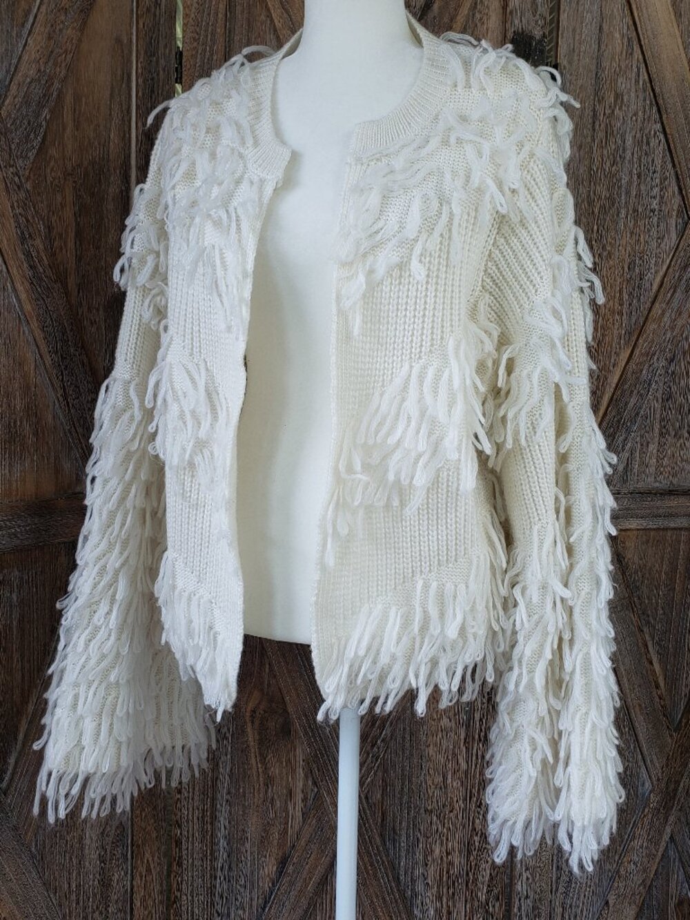 DO+BE Shag Fringe Cardigan Size L Ivory White Bell Sleeve Wool Blend Open Front